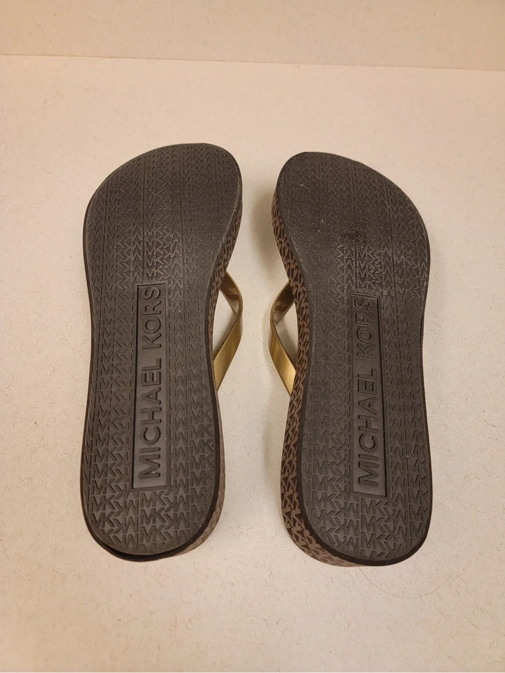 Michael Kors Brown and Gold MK Logo Flip Flops